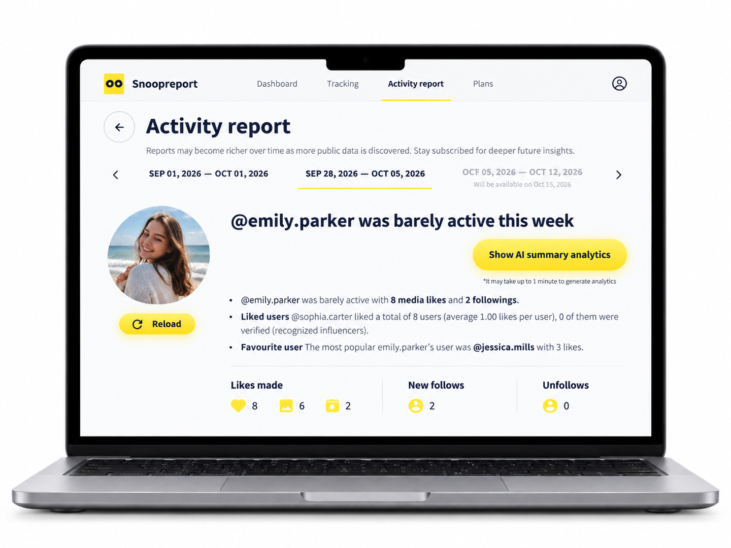 Instagram Activity Tracker report dashboard on desktop