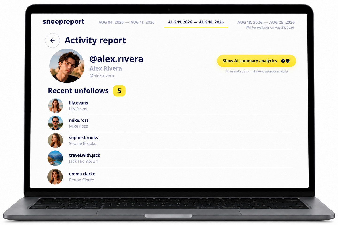 Instagram Unfollow Tracker report dashboard on desktop