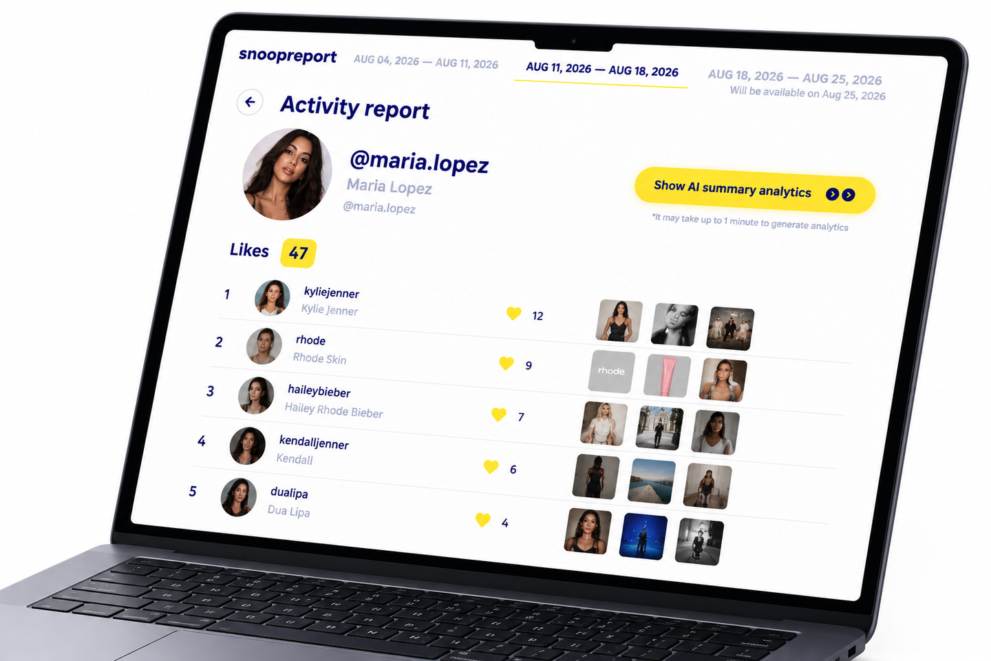 See What Someone Likes on Instagram report dashboard on desktop